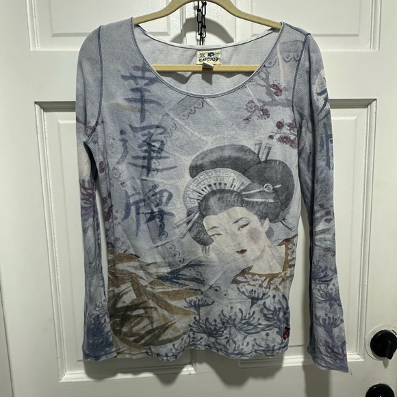Y2K Lucky Brand Tattoo Print Long Sleeve Top Geisha Print Boho Grunge Size L - Picture 2 of 10